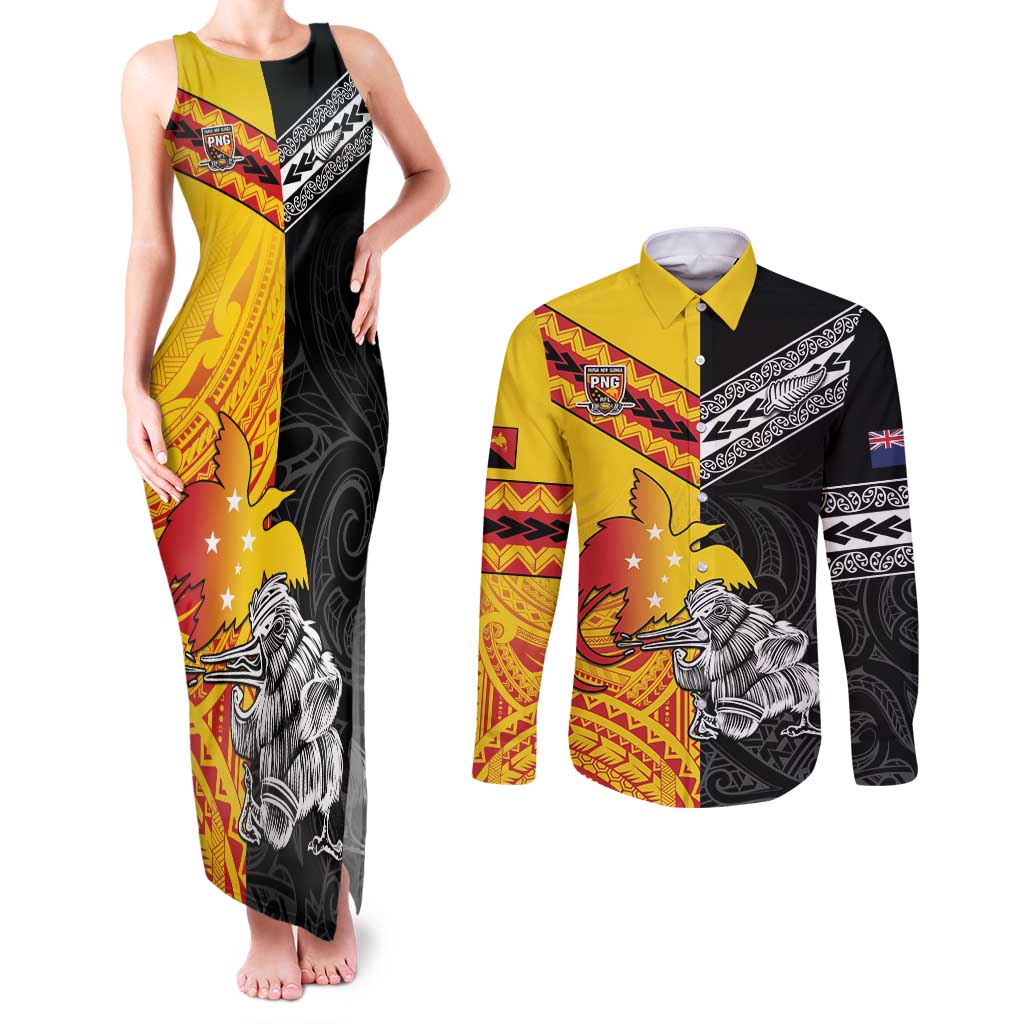 New Zealand And Papua New Guinea Rugby Custom Couples Matching Tank Maxi Dress and Long Sleeve Button Shirt Maori Kiwi With Bird of Paradise