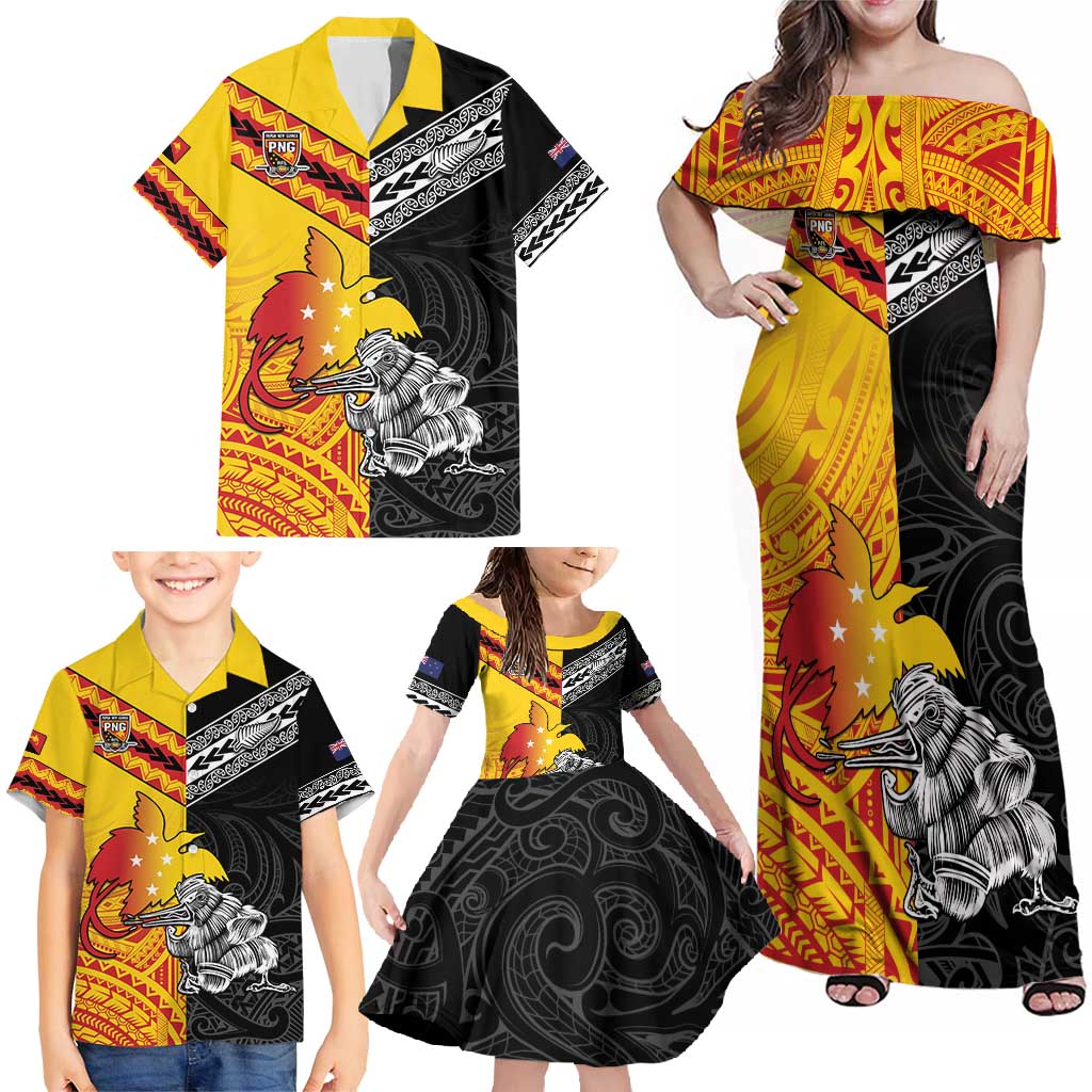 New Zealand And Papua New Guinea Rugby Custom Family Matching Off Shoulder Maxi Dress and Hawaiian Shirt Maori Kiwi With Bird of Paradise