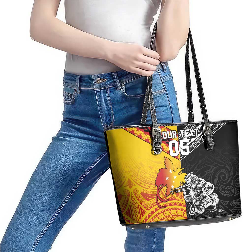 New Zealand And Papua New Guinea Rugby Custom Leather Tote Bag Maori Kiwi With Bird of Paradise