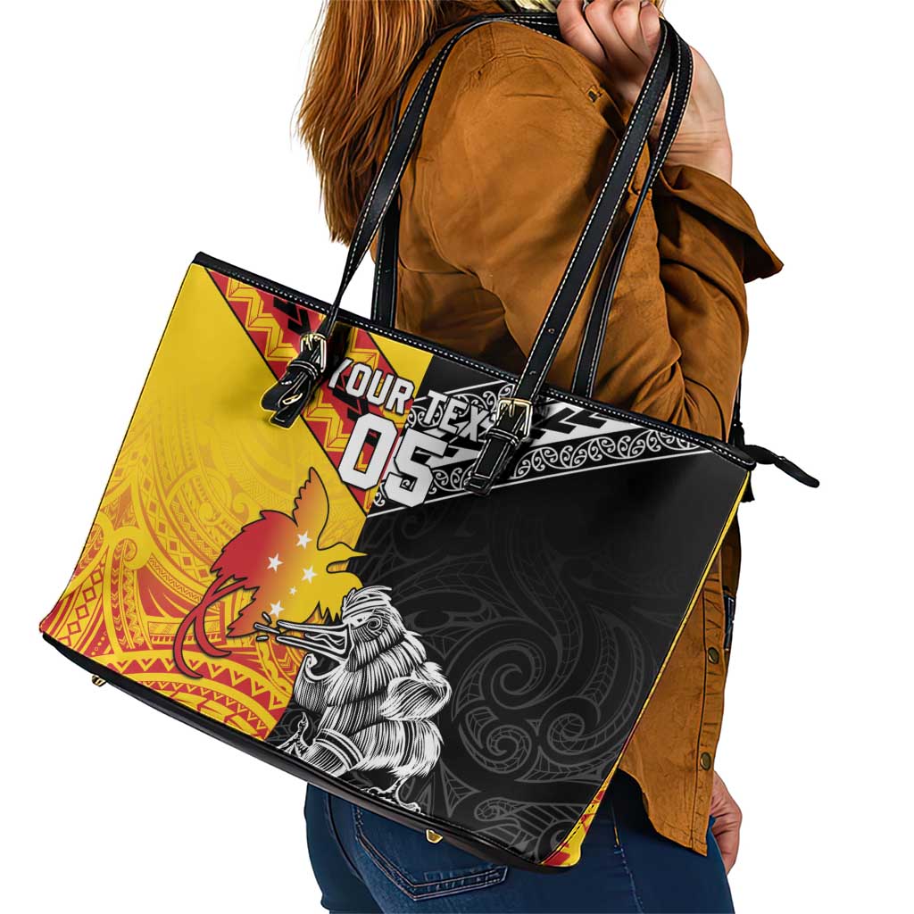 New Zealand And Papua New Guinea Rugby Custom Leather Tote Bag Maori Kiwi With Bird of Paradise