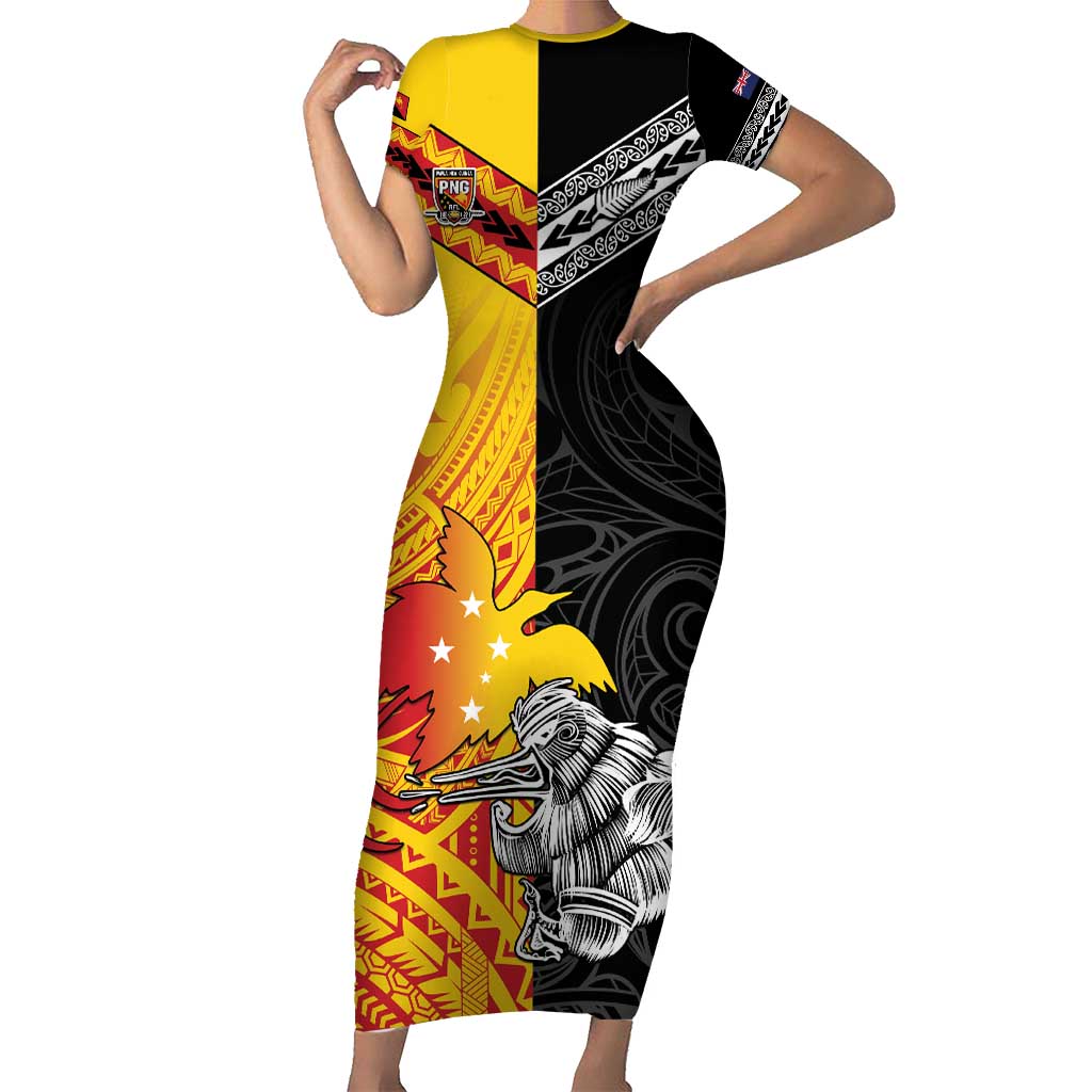 New Zealand And Papua New Guinea Rugby Custom Short Sleeve Bodycon Dress Maori Kiwi With Bird of Paradise