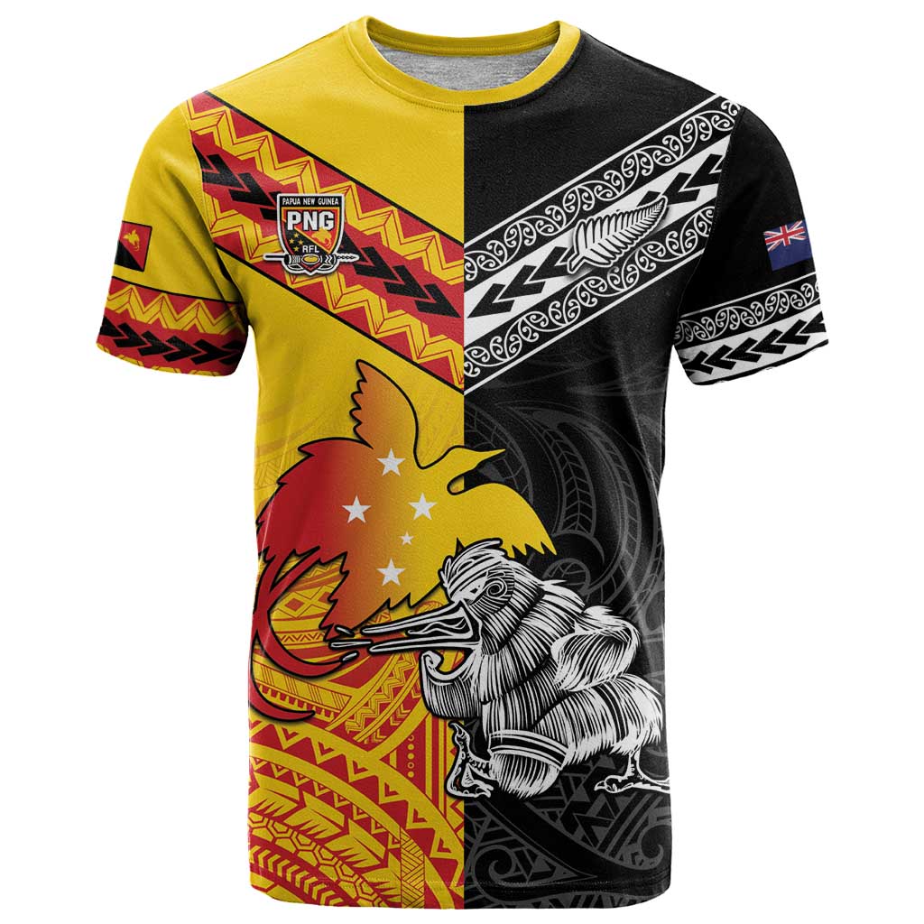 New Zealand And Papua New Guinea Rugby Custom T Shirt Maori Kiwi With Bird of Paradise