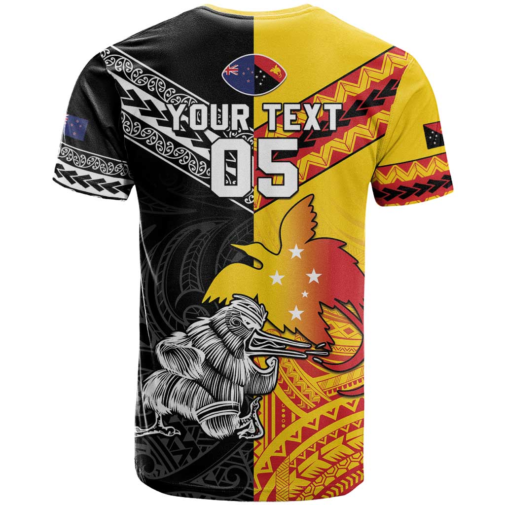 New Zealand And Papua New Guinea Rugby Custom T Shirt Maori Kiwi With Bird of Paradise