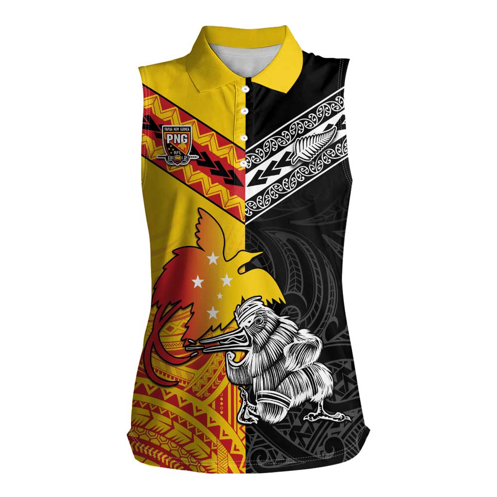 New Zealand And Papua New Guinea Rugby Custom Women Sleeveless Polo Shirt Maori Kiwi With Bird of Paradise