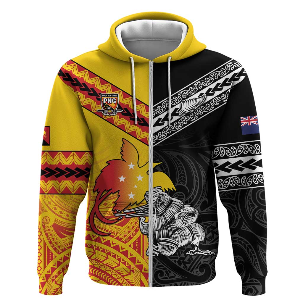 New Zealand And Papua New Guinea Rugby Custom Zip Hoodie Maori Kiwi With Bird of Paradise