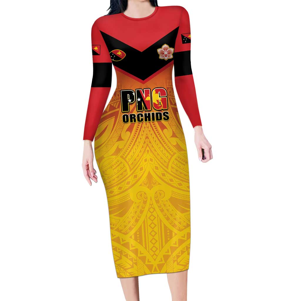 Papua New Guinea Rugby Custom Long Sleeve Bodycon Dress Go Orchids Pacific Champions