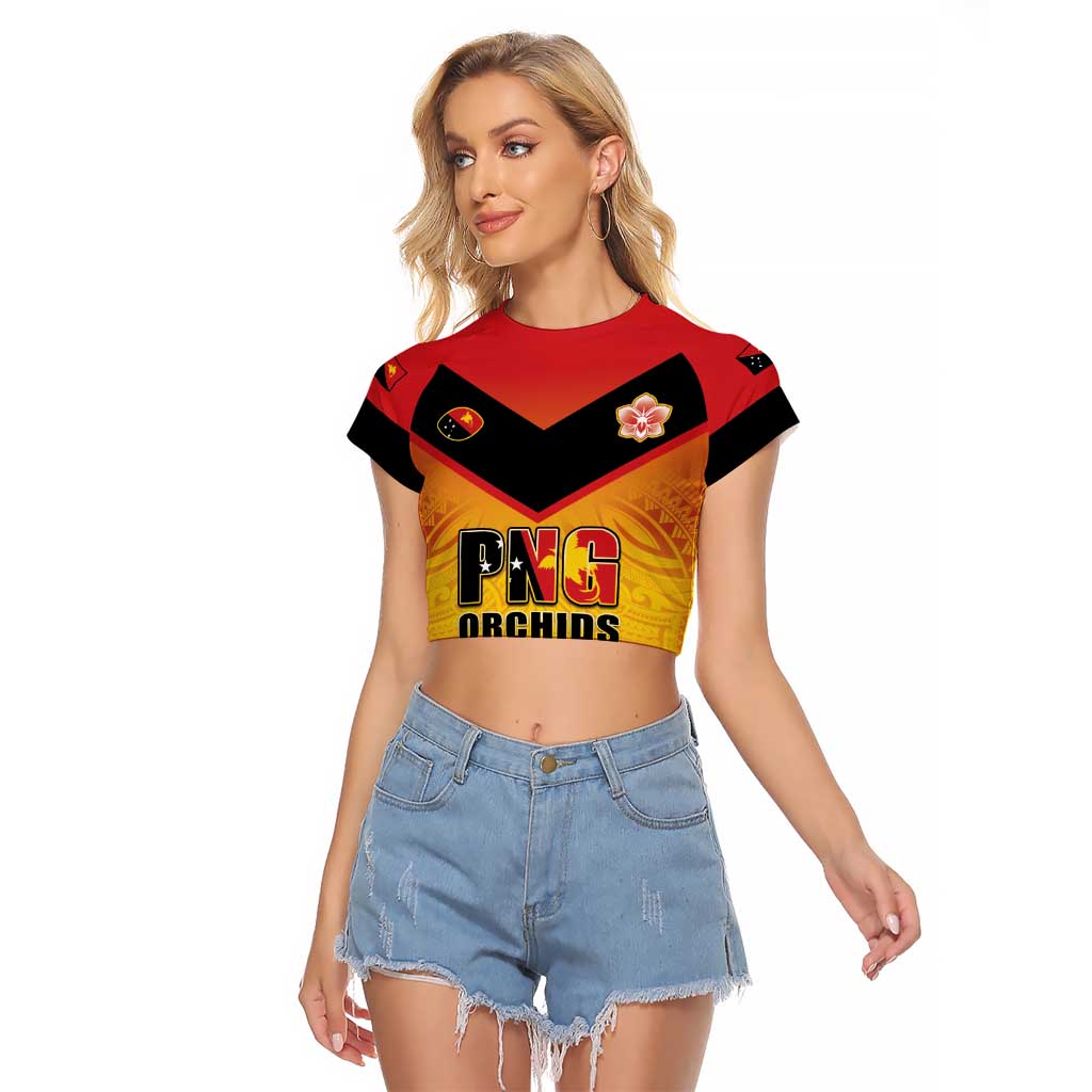 Papua New Guinea Rugby Custom Raglan Cropped T Shirt Go Orchids Pacific Champions LT05 Female Yellow - Polynesian Pride