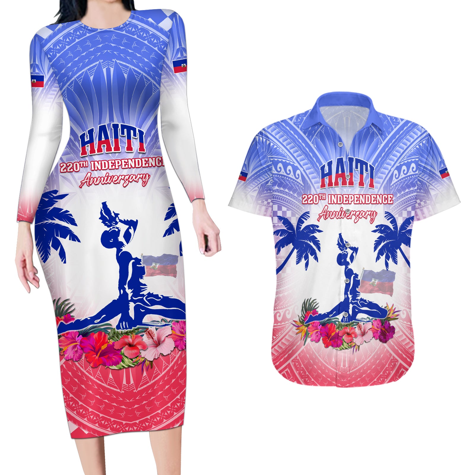 Personalised Haiti Independence Day Couples Matching Long Sleeve Bodycon Dress and Hawaiian Shirt Neg Maron Polynesian Style LT05 Blue - Polynesian Pride