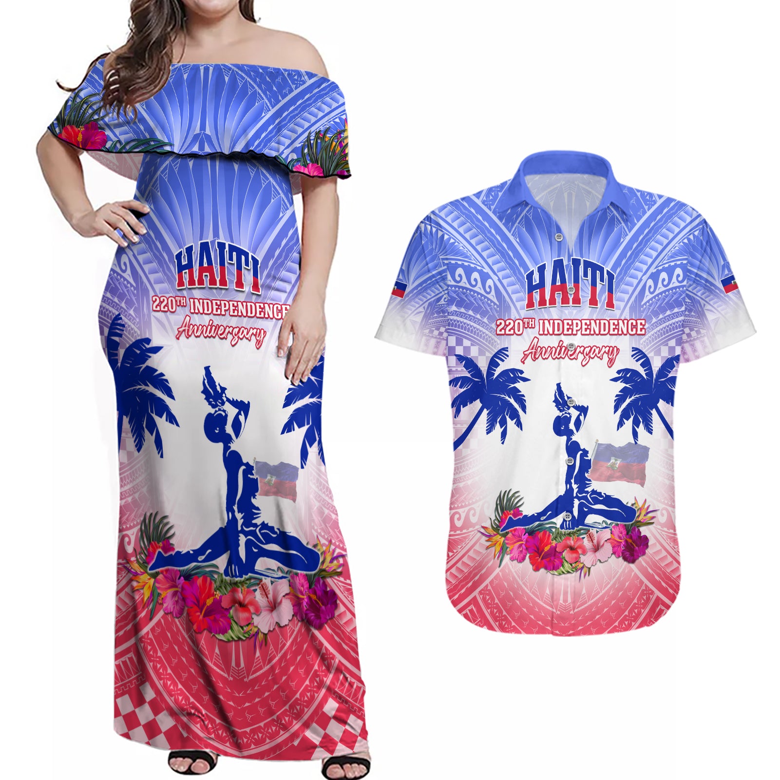 Personalised Haiti Independence Day Couples Matching Off Shoulder Maxi Dress and Hawaiian Shirt Neg Maron Polynesian Style LT05 Blue - Polynesian Pride