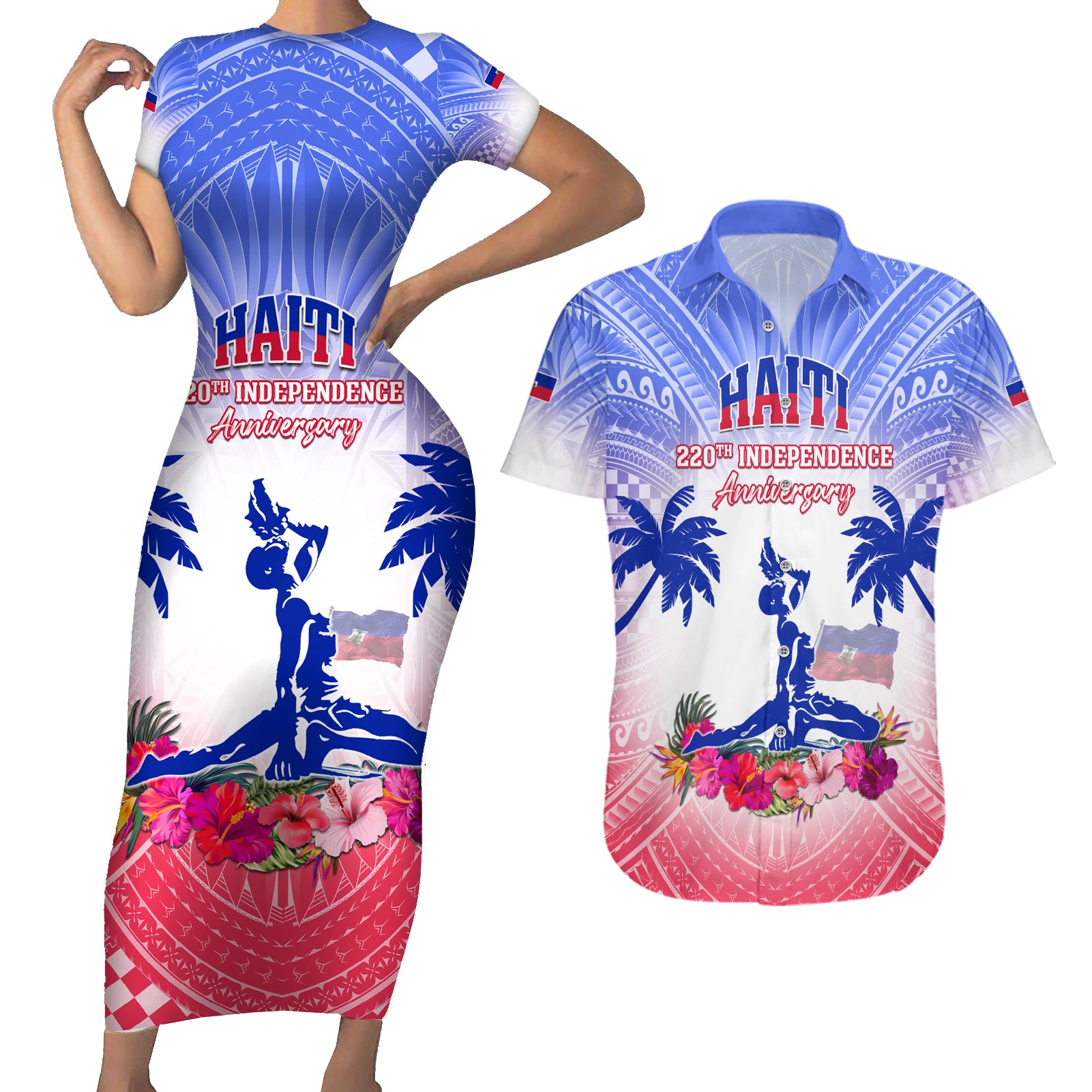 Personalised Haiti Independence Day Couples Matching Short Sleeve Bodycon Dress and Hawaiian Shirt Neg Maron Polynesian Style LT05 Blue - Polynesian Pride