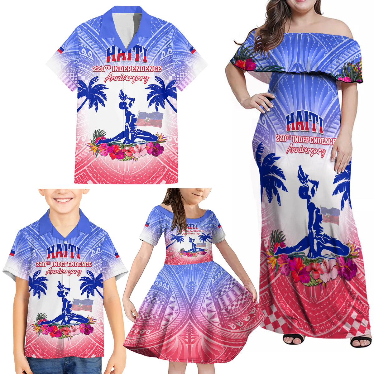 Personalised Haiti Independence Day Family Matching Off Shoulder Maxi Dress and Hawaiian Shirt Neg Maron Polynesian Style LT05 - Polynesian Pride