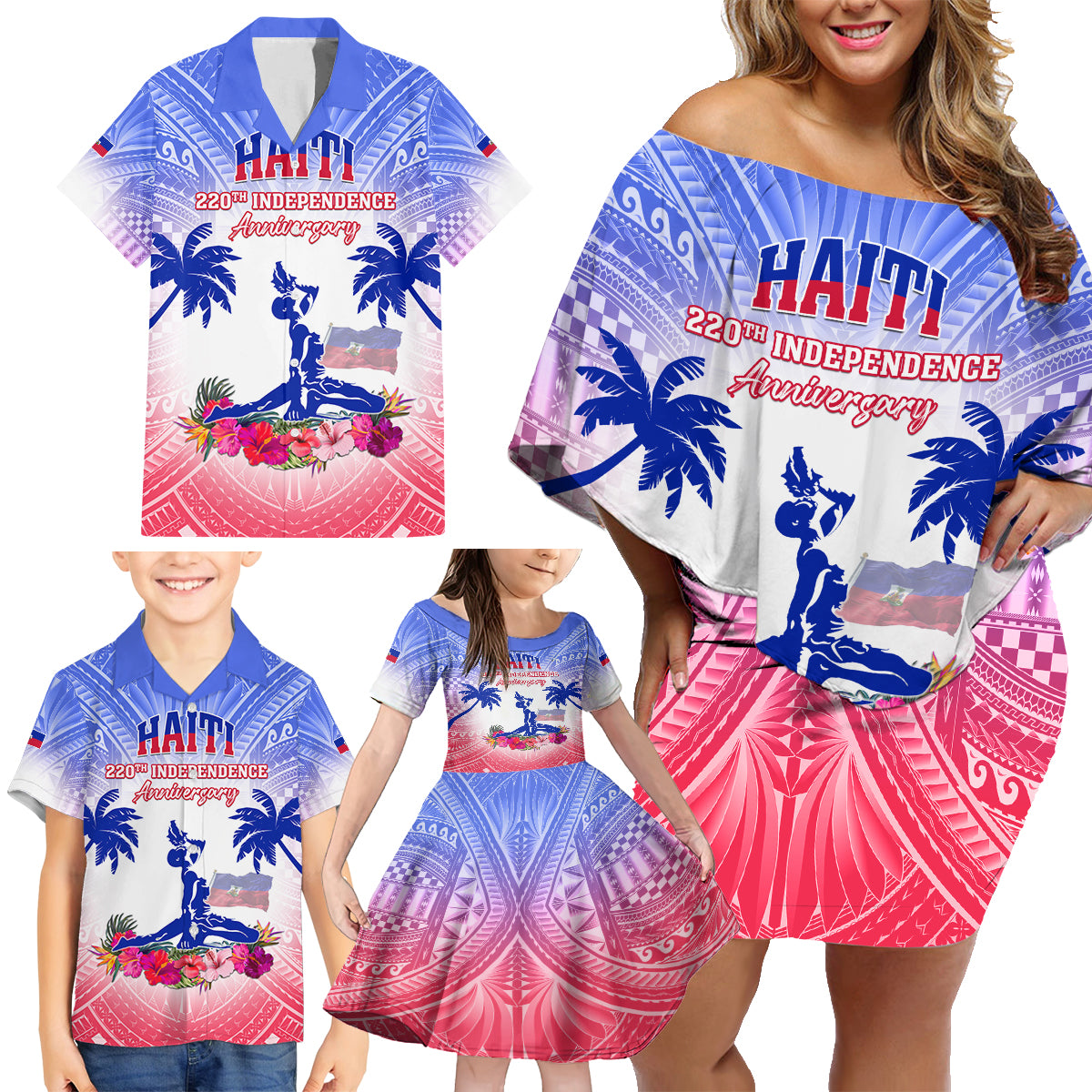 Personalised Haiti Independence Day Family Matching Off Shoulder Short Dress and Hawaiian Shirt Neg Maron Polynesian Style LT05 - Polynesian Pride