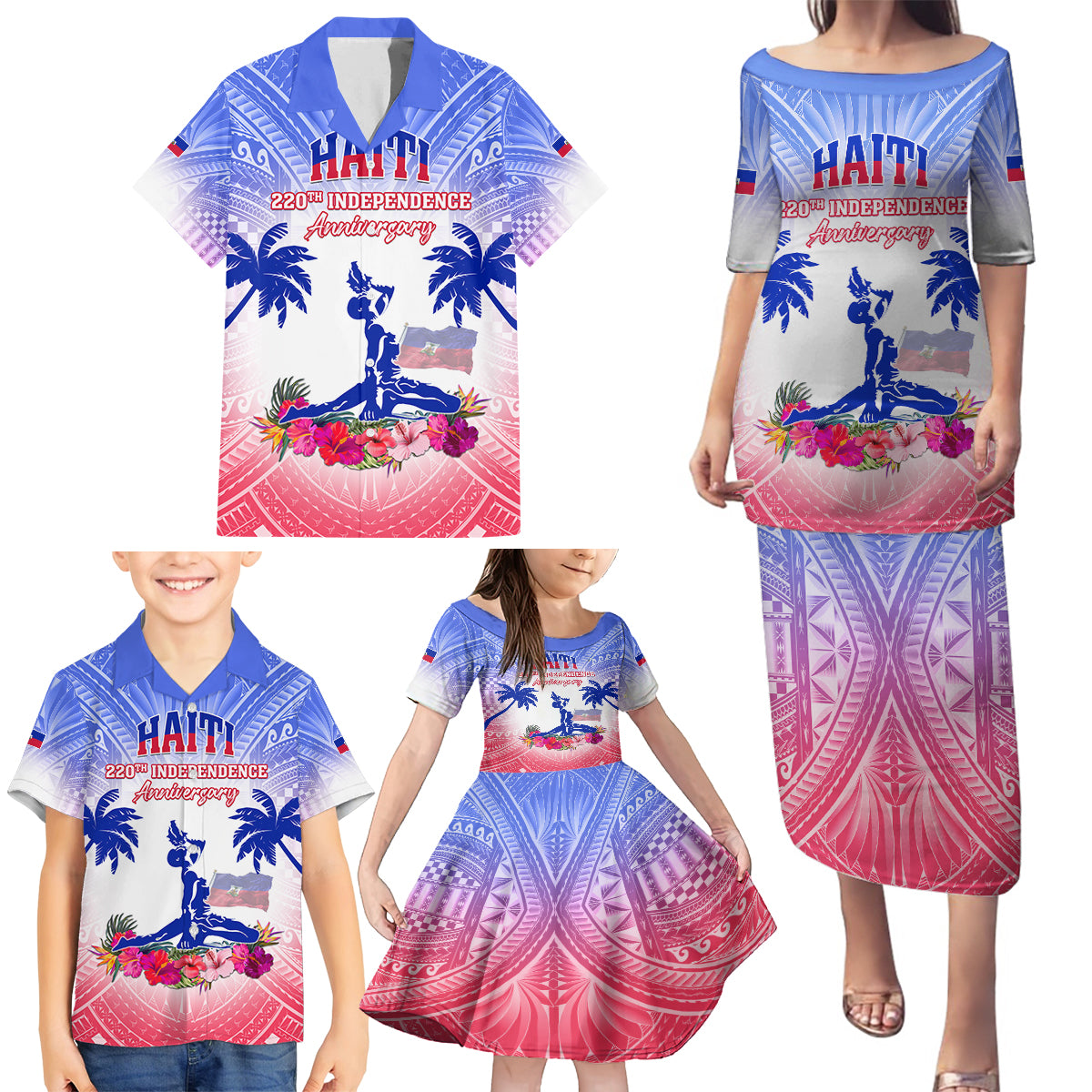 Personalised Haiti Independence Day Family Matching Puletasi Dress and Hawaiian Shirt Neg Maron Polynesian Style LT05 - Polynesian Pride