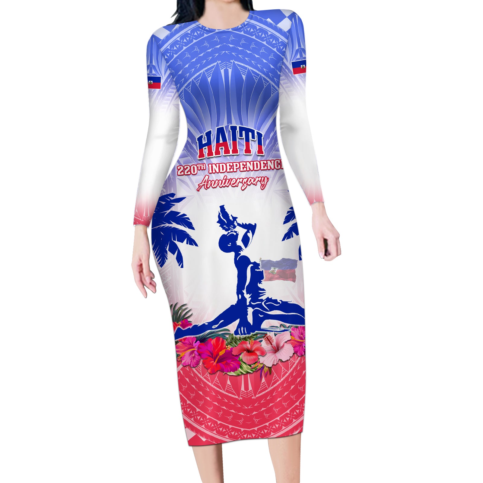 Personalised Haiti Independence Day Long Sleeve Bodycon Dress Neg Maron Polynesian Style LT05 Long Dress Blue - Polynesian Pride