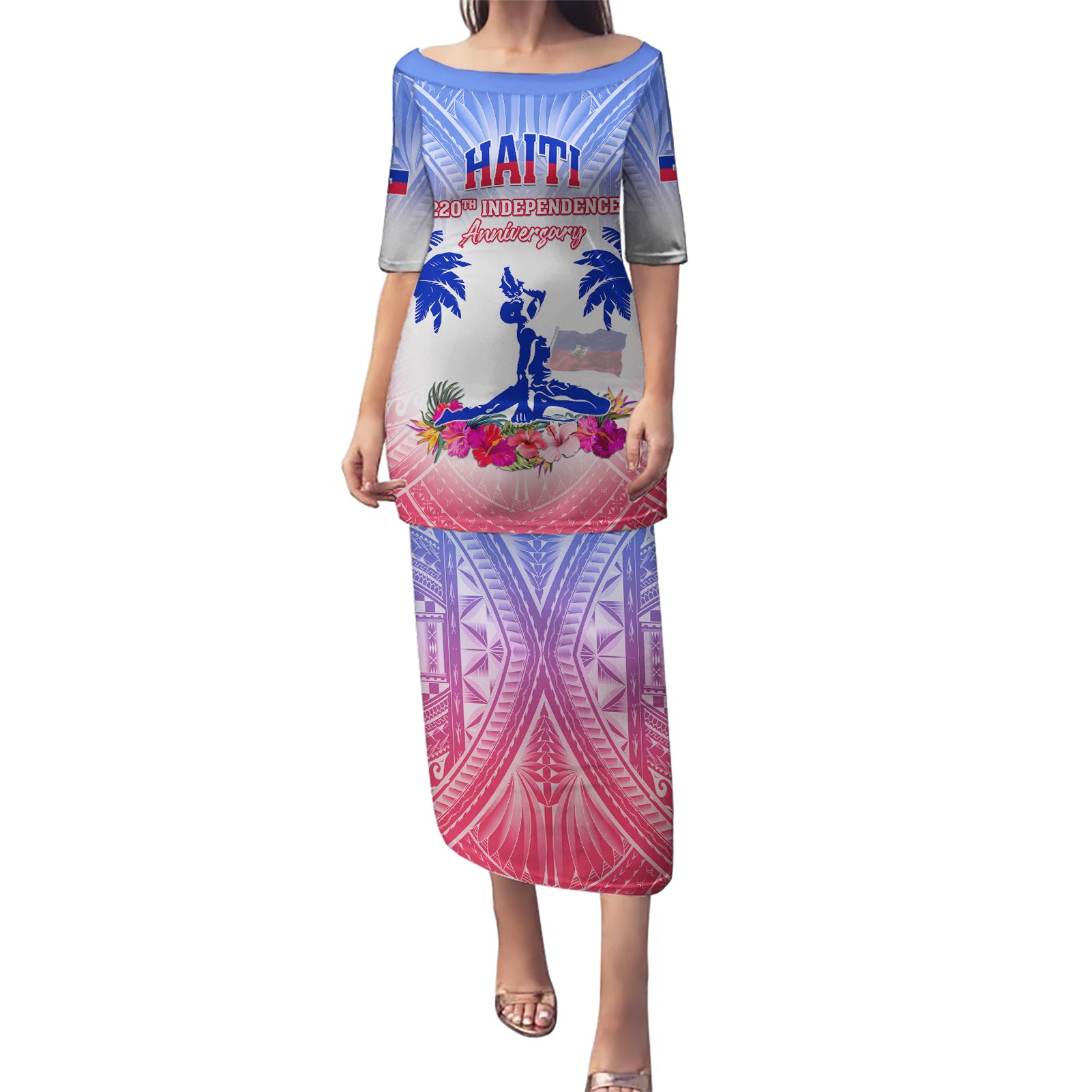 Personalised Haiti Independence Day Puletasi Neg Maron Polynesian Style LT05 Long Dress Blue - Polynesian Pride