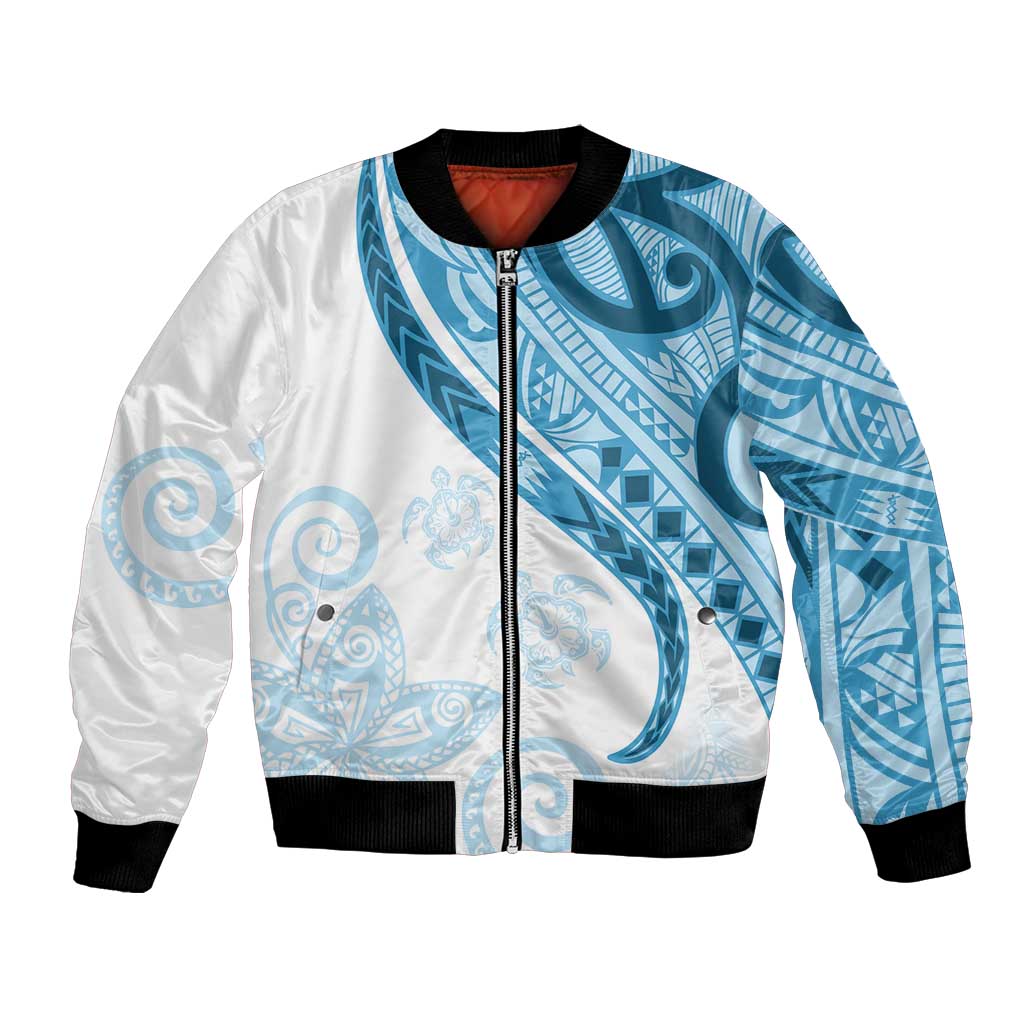 Blue Polynesian Tribal Turtle Floral Pattern Bomber Jacket LT05 Unisex Blue - Polynesian Pride