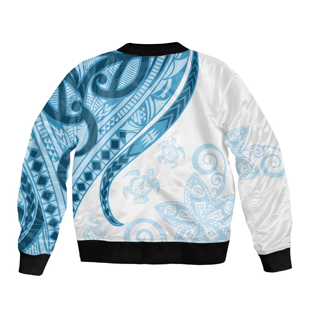 Blue Polynesian Tribal Turtle Floral Pattern Bomber Jacket LT05 - Polynesian Pride