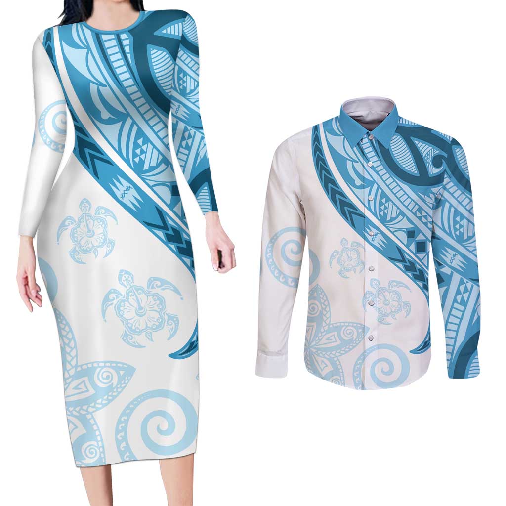 Blue Polynesian Tribal Turtle Floral Pattern Couples Matching Long Sleeve Bodycon Dress and Long Sleeve Button Shirt LT05 Blue - Polynesian Pride