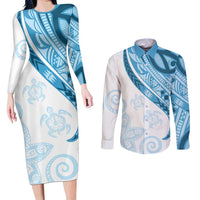 Blue Polynesian Tribal Turtle Floral Pattern Couples Matching Long Sleeve Bodycon Dress and Long Sleeve Button Shirt LT05 Blue - Polynesian Pride