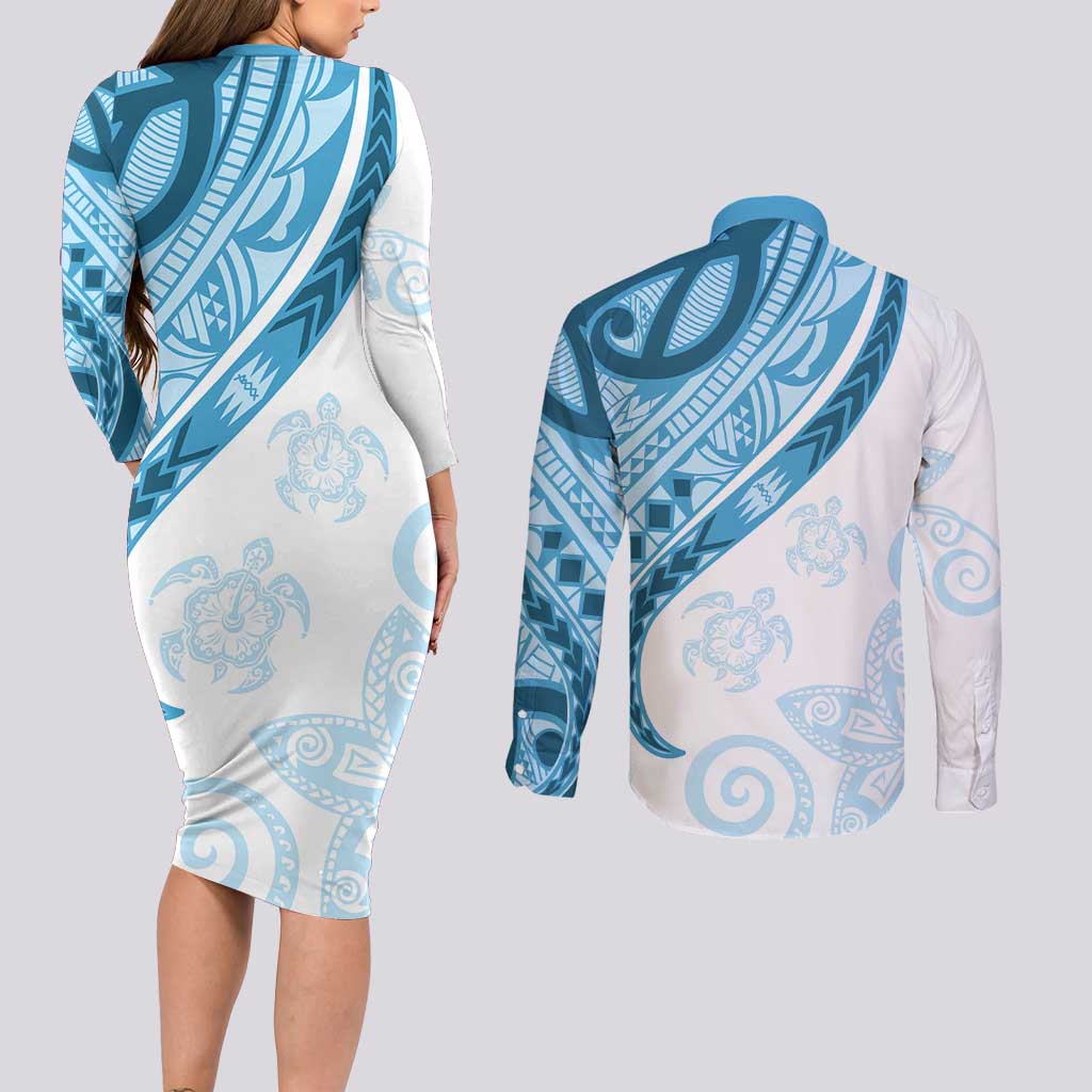 Blue Polynesian Tribal Turtle Floral Pattern Couples Matching Long Sleeve Bodycon Dress and Long Sleeve Button Shirt LT05 - Polynesian Pride