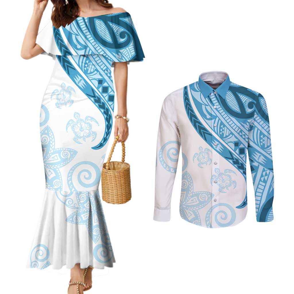 Blue Polynesian Tribal Turtle Floral Pattern Couples Matching Mermaid Dress and Long Sleeve Button Shirt LT05 Blue - Polynesian Pride