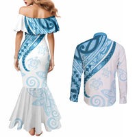 Blue Polynesian Tribal Turtle Floral Pattern Couples Matching Mermaid Dress and Long Sleeve Button Shirt LT05 - Polynesian Pride