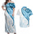 Blue Polynesian Tribal Turtle Floral Pattern Couples Matching Off Shoulder Maxi Dress and Hawaiian Shirt