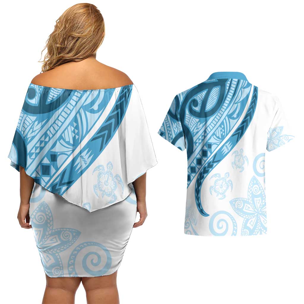 Blue Polynesian Tribal Turtle Floral Pattern Couples Matching Off Shoulder Short Dress and Hawaiian Shirt LT05 - Polynesian Pride