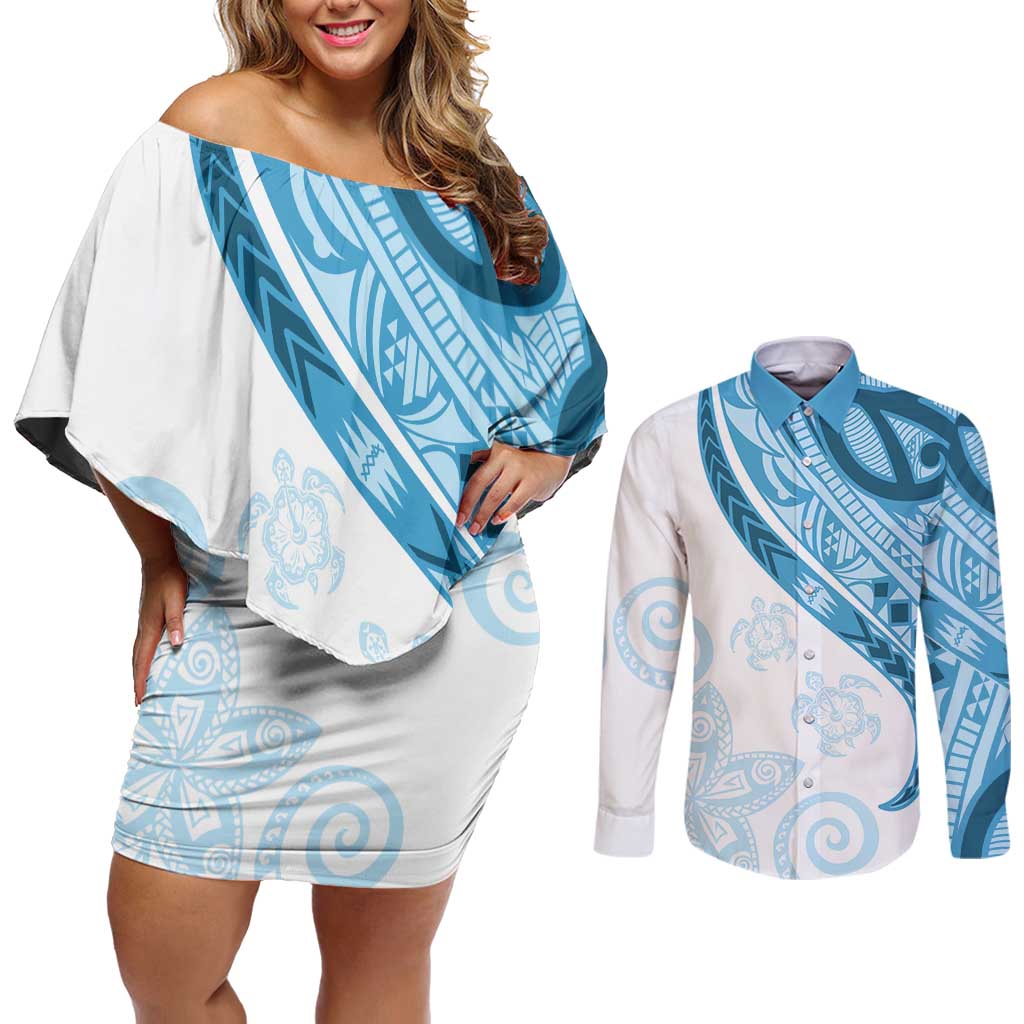 Blue Polynesian Tribal Turtle Floral Pattern Couples Matching Off Shoulder Short Dress and Long Sleeve Button Shirt LT05 Blue - Polynesian Pride