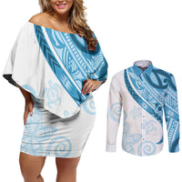 Blue Polynesian Tribal Turtle Floral Pattern Couples Matching Off Shoulder Short Dress and Long Sleeve Button Shirt LT05 Blue - Polynesian Pride