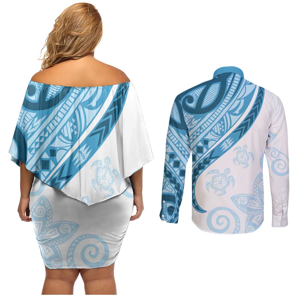 Blue Polynesian Tribal Turtle Floral Pattern Couples Matching Off Shoulder Short Dress and Long Sleeve Button Shirt LT05 - Polynesian Pride