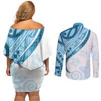 Blue Polynesian Tribal Turtle Floral Pattern Couples Matching Off Shoulder Short Dress and Long Sleeve Button Shirt LT05 - Polynesian Pride
