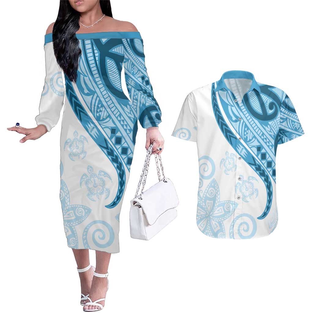 Blue Polynesian Tribal Turtle Floral Pattern Couples Matching Off The Shoulder Long Sleeve Dress and Hawaiian Shirt LT05 Blue - Polynesian Pride