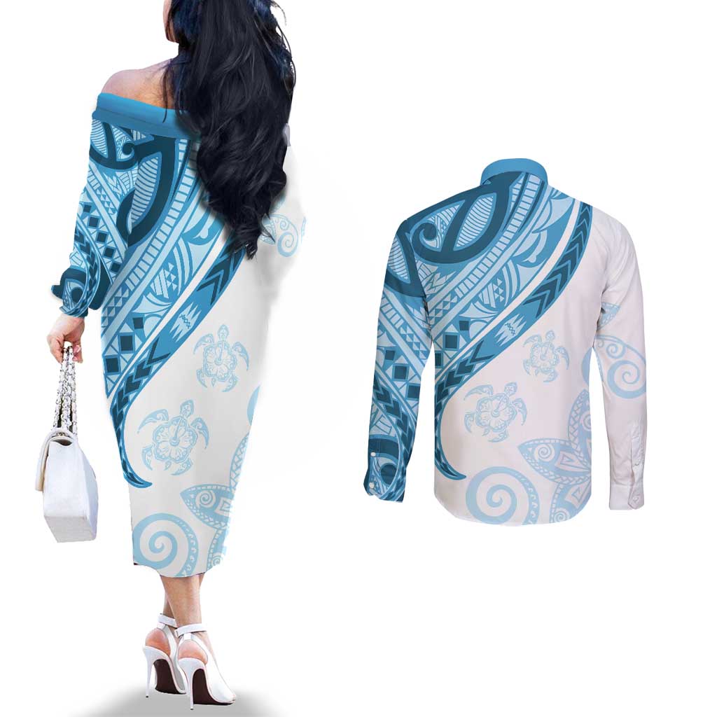 Blue Polynesian Tribal Turtle Floral Pattern Couples Matching Off The Shoulder Long Sleeve Dress and Long Sleeve Button Shirt LT05 - Polynesian Pride