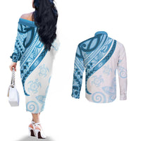 Blue Polynesian Tribal Turtle Floral Pattern Couples Matching Off The Shoulder Long Sleeve Dress and Long Sleeve Button Shirt LT05 - Polynesian Pride