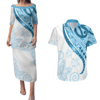 Blue Polynesian Tribal Turtle Floral Pattern Couples Matching Puletasi and Hawaiian Shirt LT05 Blue - Polynesian Pride