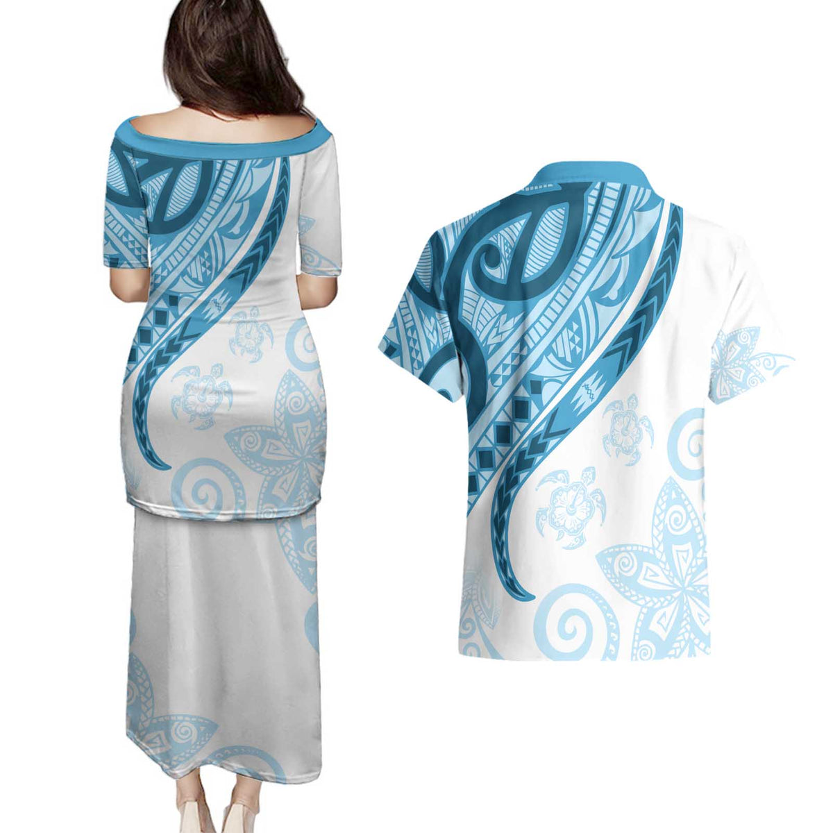 Blue Polynesian Tribal Turtle Floral Pattern Couples Matching Puletasi and Hawaiian Shirt LT05 - Polynesian Pride
