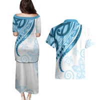Blue Polynesian Tribal Turtle Floral Pattern Couples Matching Puletasi and Hawaiian Shirt LT05 - Polynesian Pride