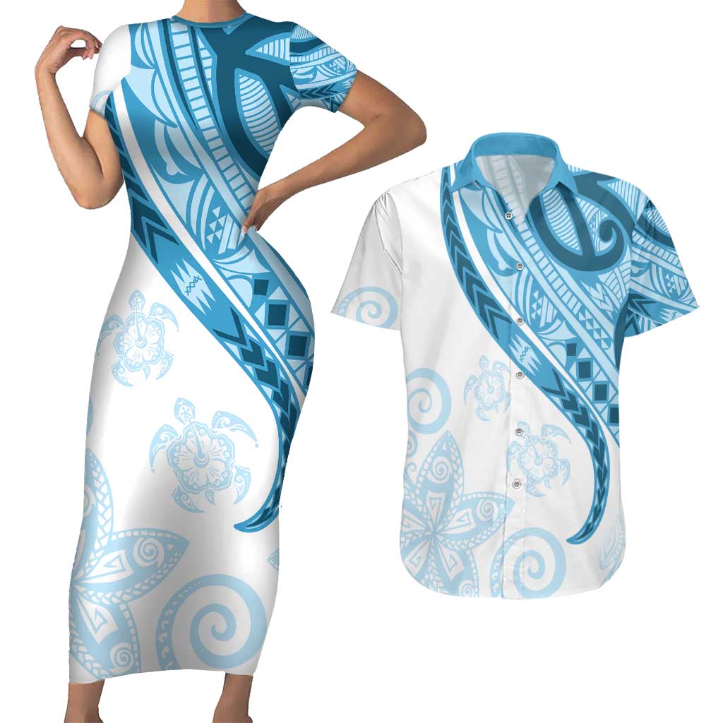 Blue Polynesian Tribal Turtle Floral Pattern Couples Matching Short Sleeve Bodycon Dress and Hawaiian Shirt LT05 Blue - Polynesian Pride