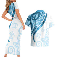 Blue Polynesian Tribal Turtle Floral Pattern Couples Matching Short Sleeve Bodycon Dress and Hawaiian Shirt LT05 - Polynesian Pride