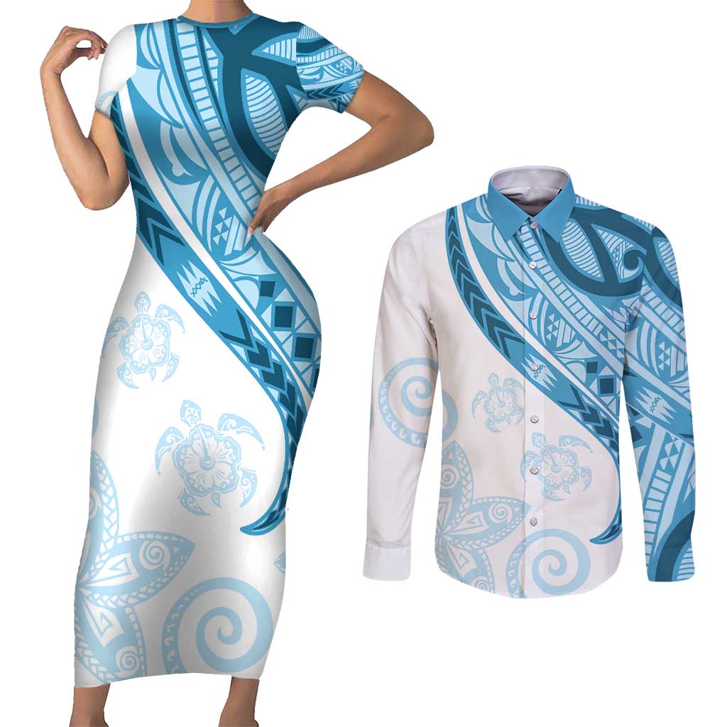 Blue Polynesian Tribal Turtle Floral Pattern Couples Matching Short Sleeve Bodycon Dress and Long Sleeve Button Shirt LT05 Blue - Polynesian Pride