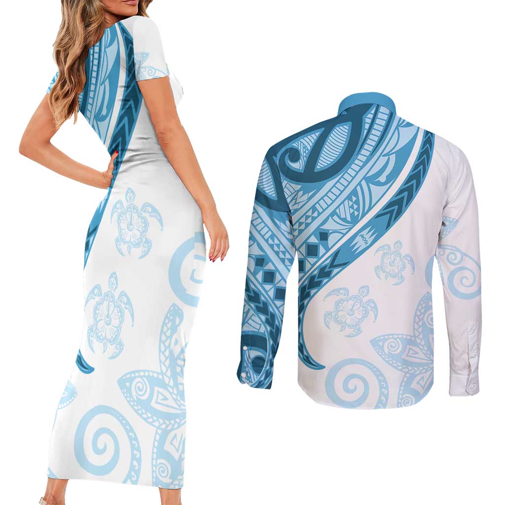 Blue Polynesian Tribal Turtle Floral Pattern Couples Matching Short Sleeve Bodycon Dress and Long Sleeve Button Shirt LT05 - Polynesian Pride