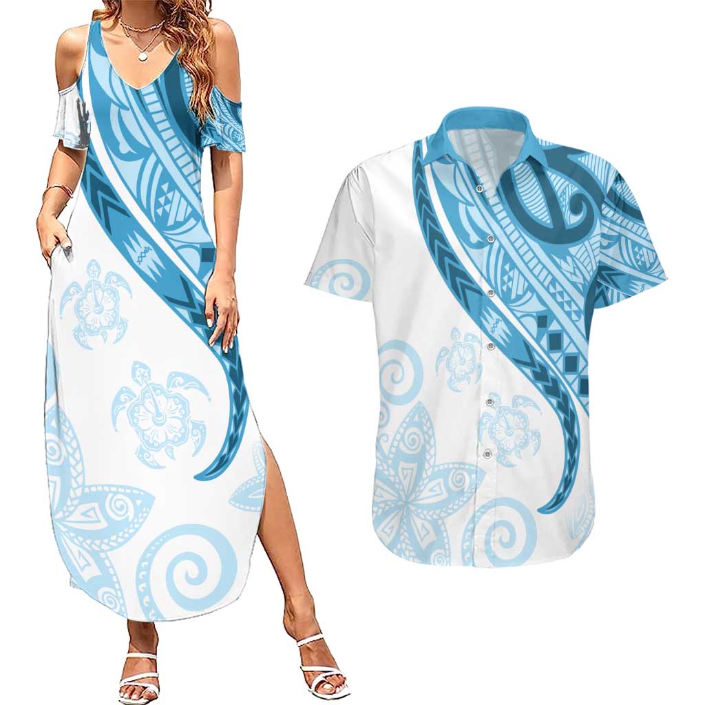 Blue Polynesian Tribal Turtle Floral Pattern Couples Matching Summer Maxi Dress and Hawaiian Shirt LT05 Blue - Polynesian Pride