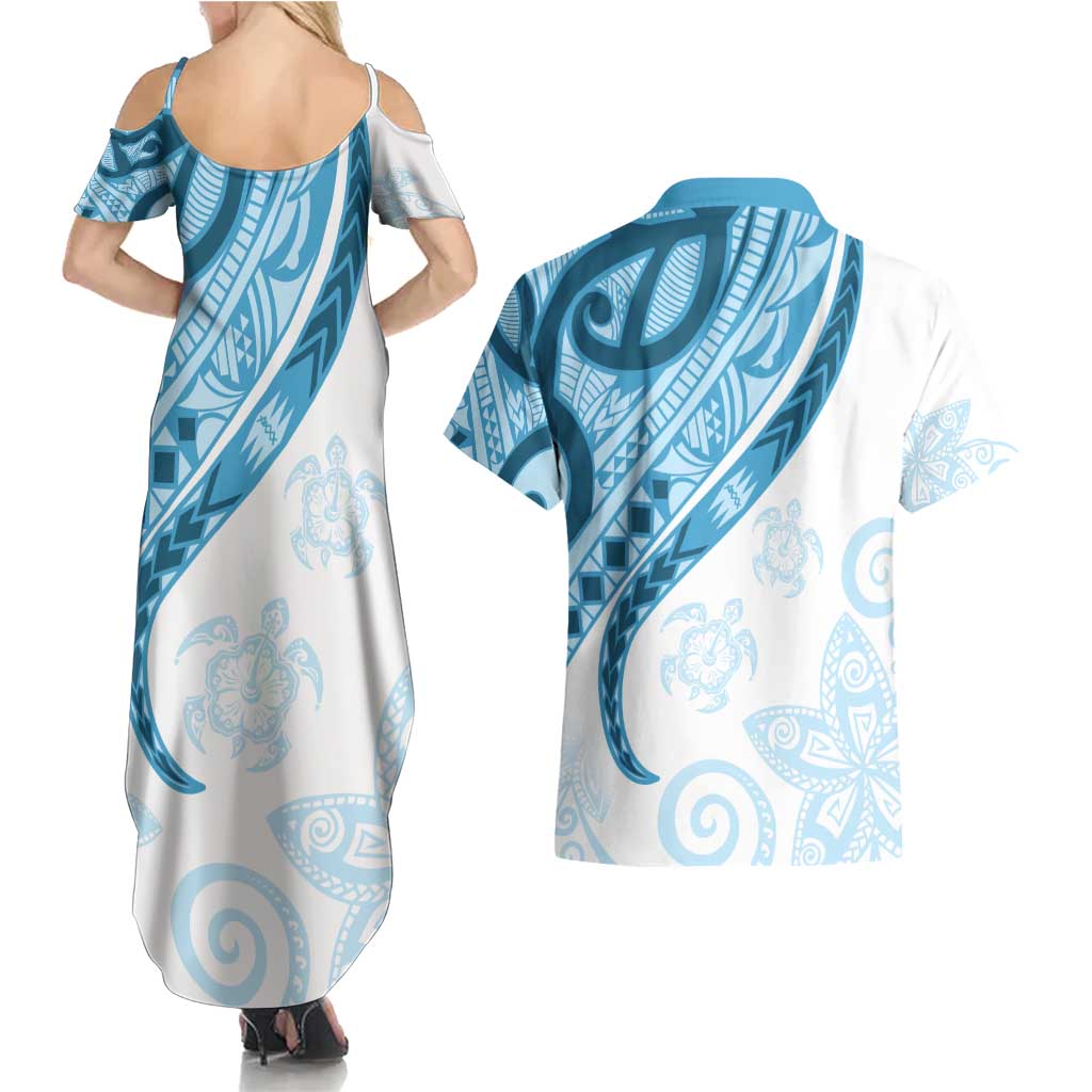 Blue Polynesian Tribal Turtle Floral Pattern Couples Matching Summer Maxi Dress and Hawaiian Shirt LT05 - Polynesian Pride