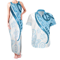 Blue Polynesian Tribal Turtle Floral Pattern Couples Matching Tank Maxi Dress and Hawaiian Shirt LT05 Blue - Polynesian Pride