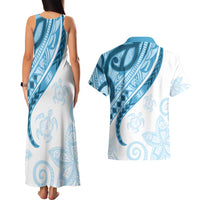 Blue Polynesian Tribal Turtle Floral Pattern Couples Matching Tank Maxi Dress and Hawaiian Shirt LT05 - Polynesian Pride