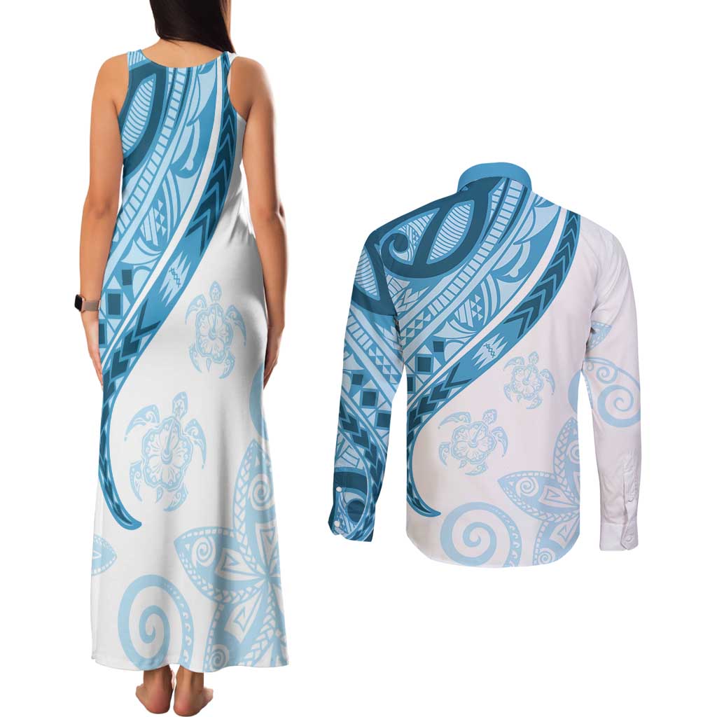 Blue Polynesian Tribal Turtle Floral Pattern Couples Matching Tank Maxi Dress and Long Sleeve Button Shirt