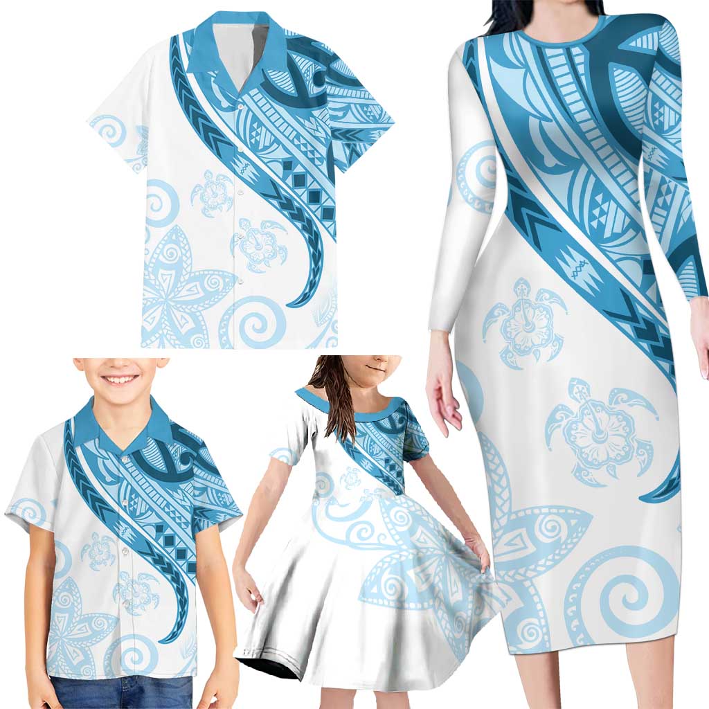 Blue Polynesian Tribal Turtle Floral Pattern Family Matching Long Sleeve Bodycon Dress and Hawaiian Shirt