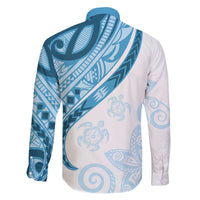 Blue Polynesian Tribal Turtle Floral Pattern Family Matching Off The Shoulder Long Sleeve Dress and Hawaiian Shirt