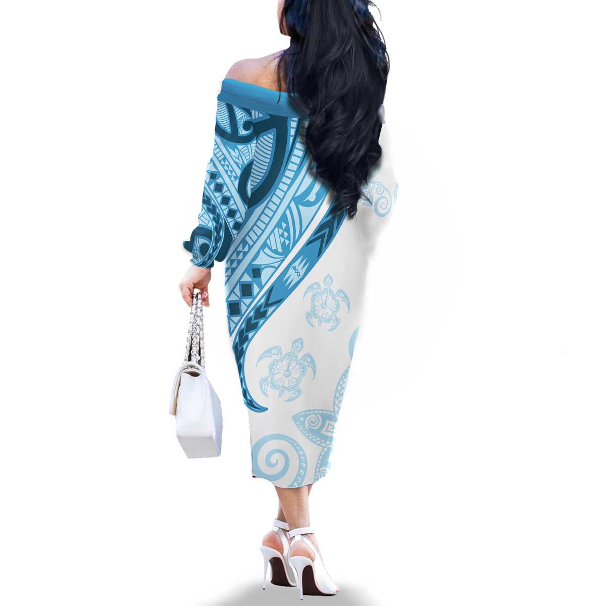 Blue Polynesian Tribal Turtle Floral Pattern Family Matching Off The Shoulder Long Sleeve Dress and Hawaiian Shirt